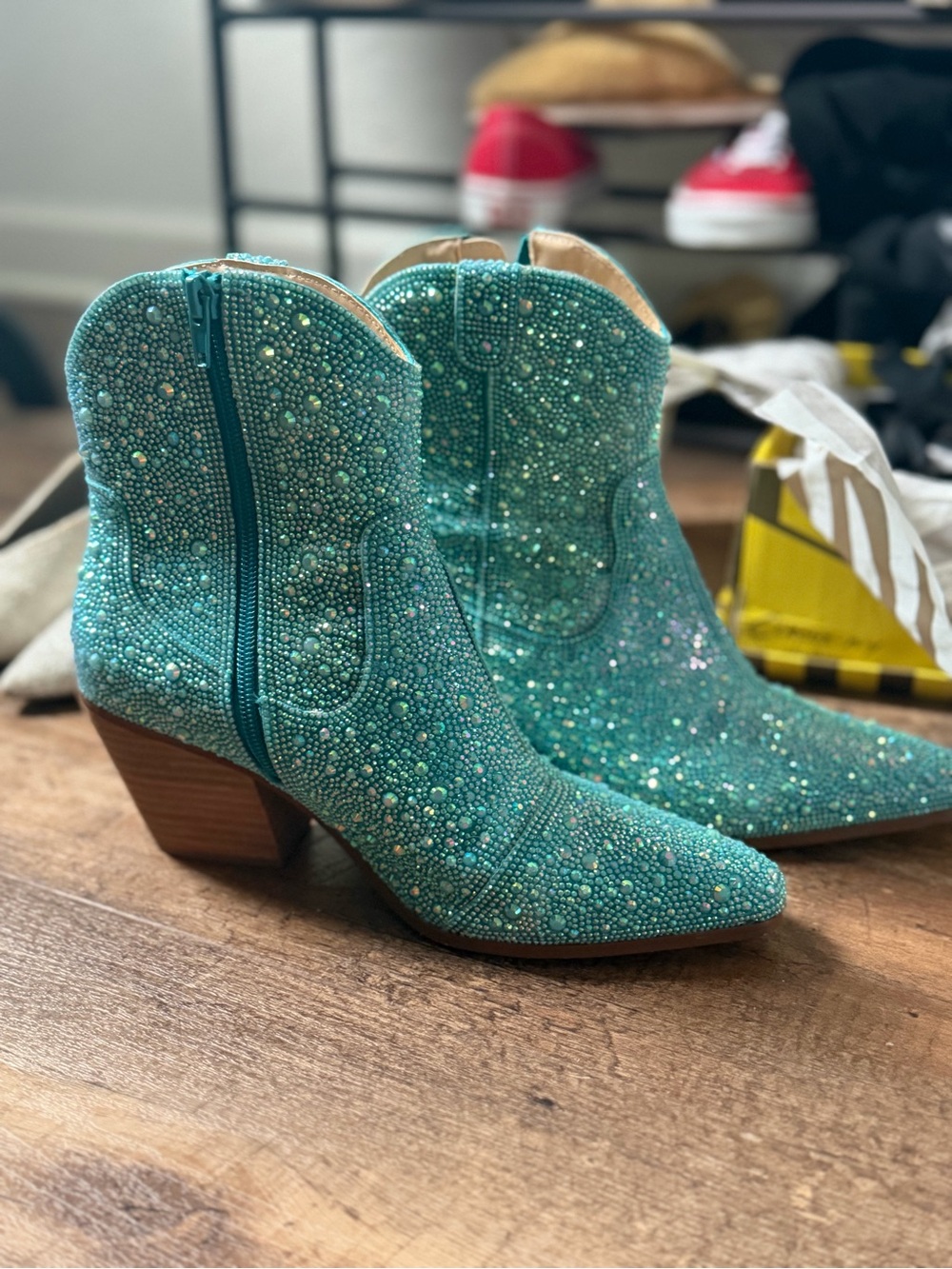 Betsey Johnson Diva Embellished Western Booties in Light Turquoise: